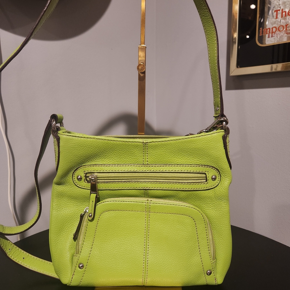 Tignanello Apple Green Leather Crossbody Bag Matching Logo Keychain - Picture 3 of 6